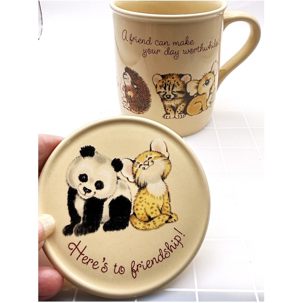 Sweet 80s Vintage Hallmark Mug Mates Cup & Lid NOS Baby Animals Friendship Theme